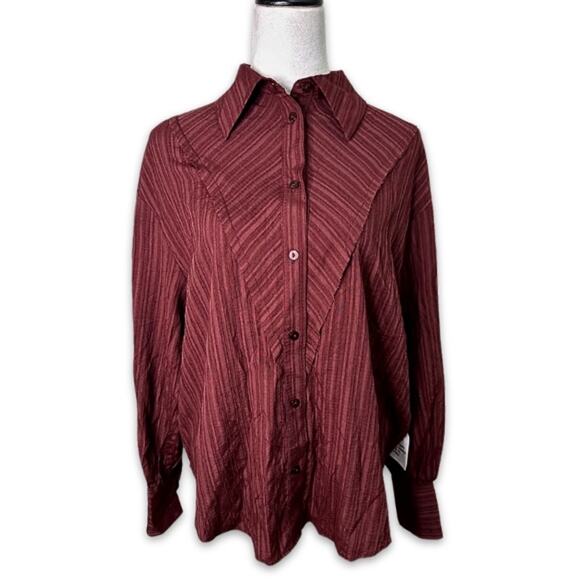 Topshop Striped Blouse Long Sleeves Button Up Front Panel Burgundy Women's 4 NWT - Picture 2 of 10